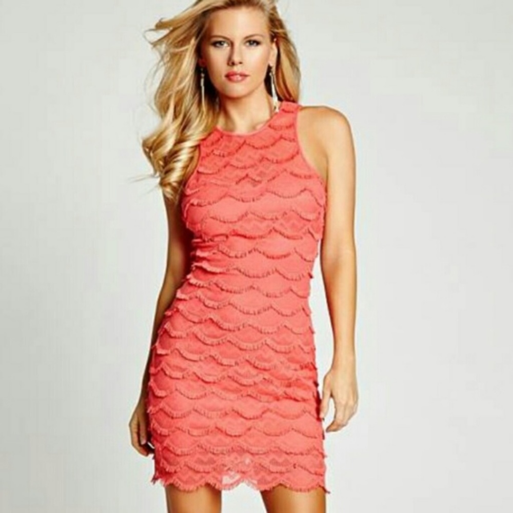 Guess Bodycon Coral Dress w/ Lace Fringe